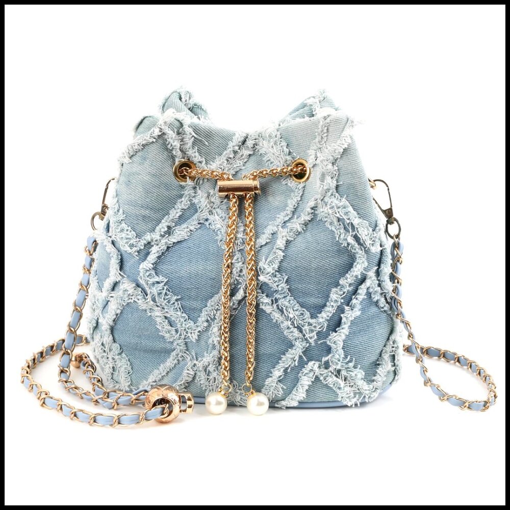 Denim Quilted Drawstring Crossbody Bag - Light Blue